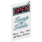 Venster, Ruit en Luik met Motief Glass for Window 1 x 4 x 6 with 'OPEN', 'Soap 'n' Suds' and 'Wash - Dry - Fold 24 Hour Service' Sign Pattern in Doorzichtig