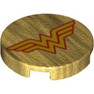 Tegel Rond met Motief Tegel, rond 2 x 2 met onderste noppenhouder met gele letter 'W' met rode omtrek Wonder Woman-logo en gouden stippenpatroon in Parel Goud